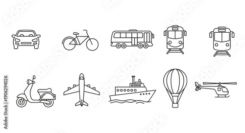 Collection of Hand Drawn Transportation Icons on White Background.