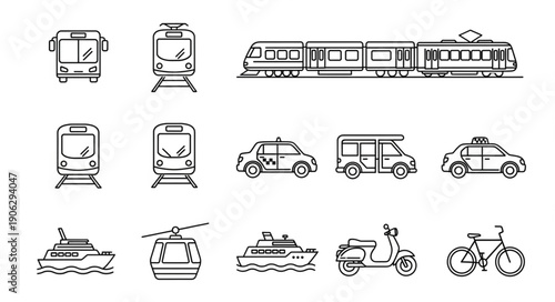 Collection of Hand Drawn Transportation Icons Vector Illustration.