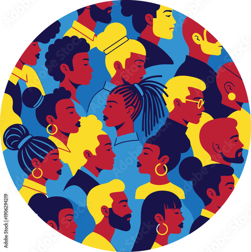 Diverse group of stylized people profiles are tightly packed within a circular composition representing community and unity.