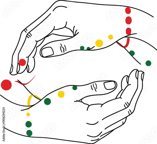 Two hands illustrate the location of acupuncture pressure points on the wrists and forearms for traditional Chinese medicine.