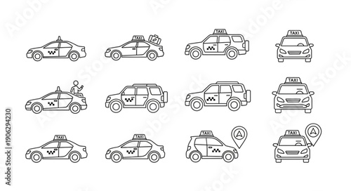 Collection of hand drawn taxi car illustrations in various styles.