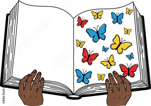 Dark-skinned hands hold open a large book revealing colorful butterflies emerging from the white pages into the air.