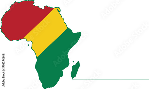 The map outline of the continent of Africa is filled with the Pan-African colors of red, yellow, and green stripes on a white backdrop.