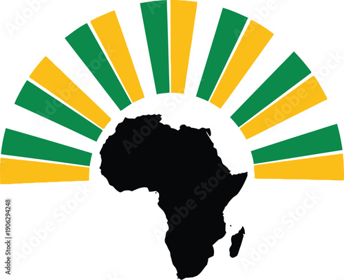 A black silhouette map of the African continent is centered below radiating yellow and green stripes symbolizing a sunrise or growth.