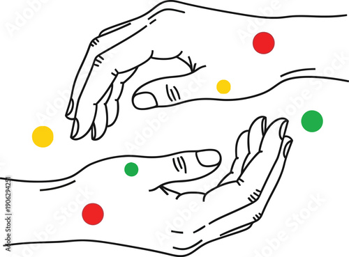 Two outlined human hands are positioned opposing each other while colorful small circles float between them suggesting exchange or care.