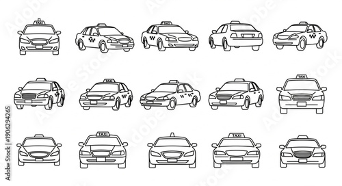 Collection of hand drawn taxi car illustrations in various views.