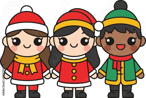 Three kawaii style children wearing festive red and green winter hats and clothing stand together holding hands on a white surface.
