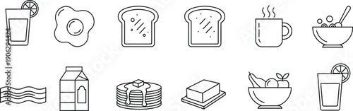 Collection of minimalist line art icons representing essential breakfast foods and drinks