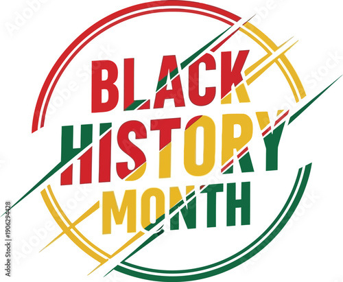 Graphic logo design emphatically states Black History Month using Pan-African colors within a circular frame structure.