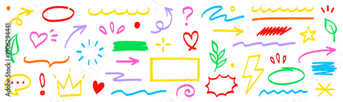 Marker line hand drawn arrow, highlight scribble set. Sketch color hand drawn marker line arrowbrush element shape graphic. Doodle scribble paint underline, circle frame icons. Vector illustration