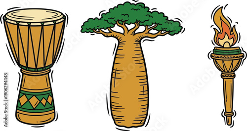 A traditional djembe drum, a large baobab tree, and a burning ceremonial torch are displayed side-by-side against a white background.