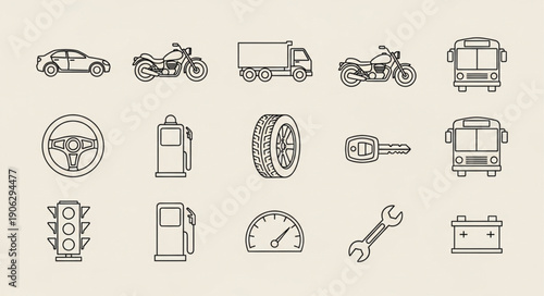 Collection of Hand Drawn Transportation and Automotive Icons.