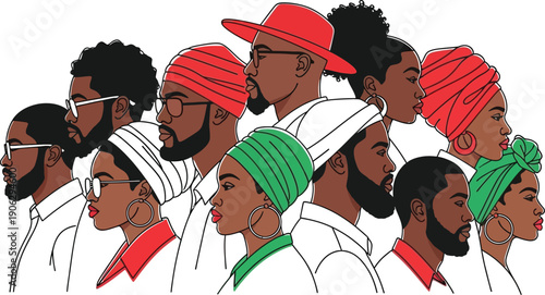 An illustration displays a diverse crowd of Black individuals in profile wearing various head wraps and hats against a white background.