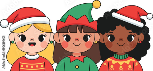 Three diverse young girls wearing festive holiday hats and sweaters smile happily together in a close-up illustration.