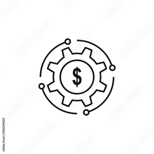 Business model icon vector featuring a gear and dollar sign with circuit lines. Minimalist black line art for financial strategy, fintech, industrial automation, and money management