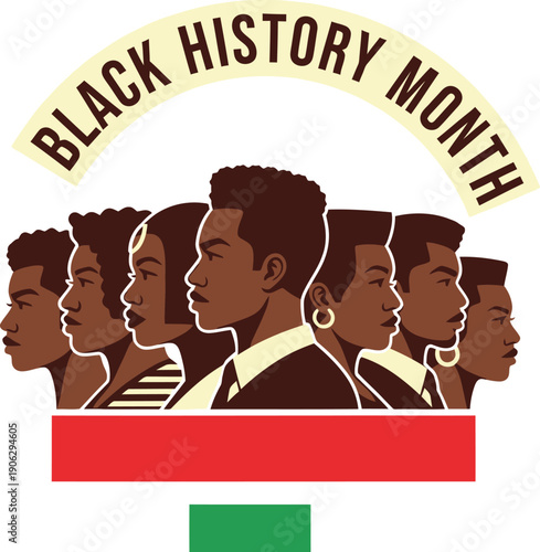A profile view illustration shows a line of diverse Black individuals standing together beneath a banner reading Black History Month.