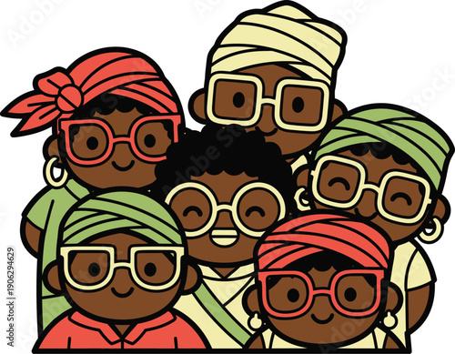 Group portrait illustration features six smiling Black children wearing glasses and colorful head wraps.