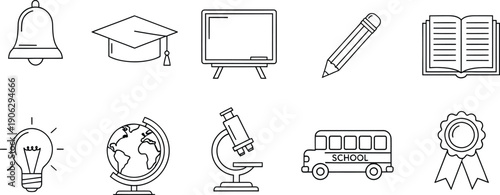 A comprehensive set of outline icons illustrating essential elements of education and learning
