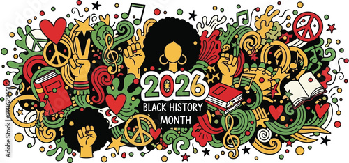 A dense, colorful doodle illustration celebrating Black History Month features afro hairstyles, peace signs, musical notes, hearts, and the year 2026.