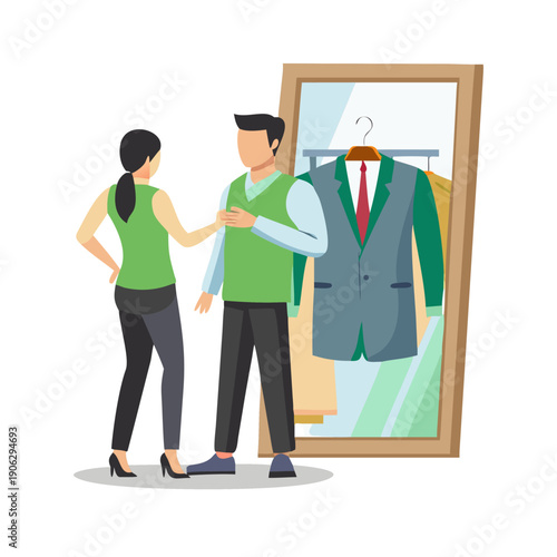 Man trying on a stylish green vest in front of a mirror in a clothing store, with a female shop assistant helping him.
