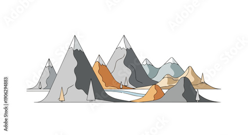 Stylized Vector Illustration of Mountain Range Landscape Isolated on White Background