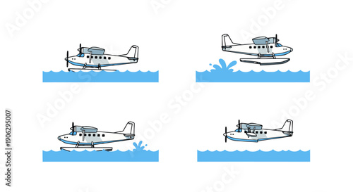 Cartoon seaplane set with twin floats white body blue accents landing and taking off from water vector illustration.