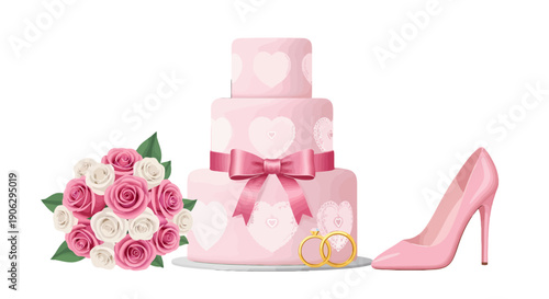 Charming pink threetiered wedding cake adorned with hearts a vibrant rose bouquet golden rings and a stylish stiletto heel.