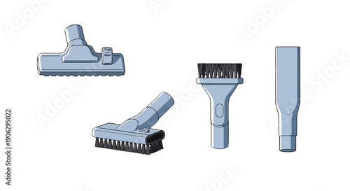 Cartoonstyle light blue vacuum cleaner attachments floor nozzle angled brush dusting brush and crevice tool.