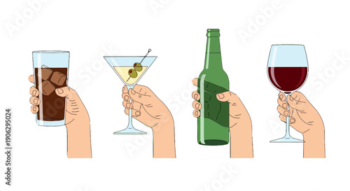 Cartoon hands holding diverse drinks cola with ice martini with olives green beer bottle red wine glass.