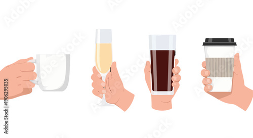 Collection of diverse hands holding various drinks white coffee mug champagne flute dark soda glass and disposable coffee cup.