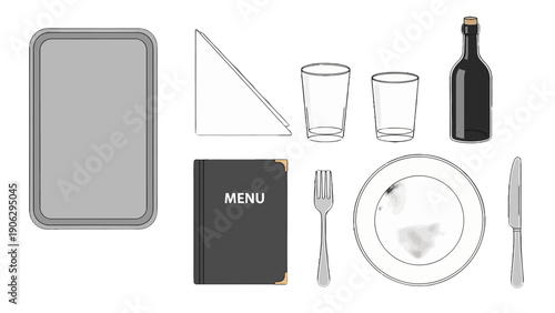 Collection of restaurant and dining essentials in a clean flatcolor illustration style featuring menu cutlery plate glasses bottle and tray.