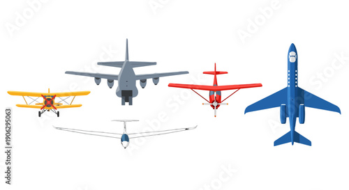 Colorful collection of diverse aircraft illustrations biplane cargo propeller glider and jet planes.