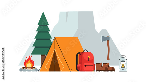 Colorful Outdoor Camping Setup with Orange Tent Pine Tree Campfire Red Backpack Boots Axe and Lantern.