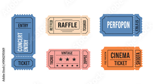 Colorful vector tickets set concert raffle cinema and vintage entry passes with perforated edges.