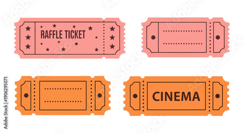 Colorful Vector Tickets Set with Perforated Edges Raffle Cinema and Blank Designs.