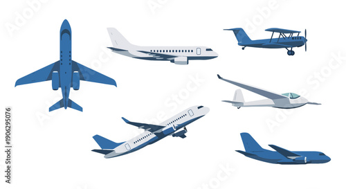 Diverse Aircraft Collection in Flat Vector Style Featuring Jets Biplane and Glider.