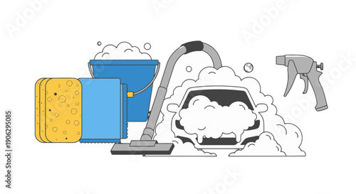 Detailed car wash illustration featuring a sudscovered vehicle yellow sponge blue bucket vacuum cleaner nozzle and spray bottle.
