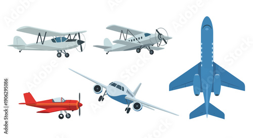 Diverse aircraft collection featuring biplanes propeller planes and modern passenger jets in various poses and colors.