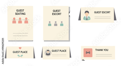 Elegant beige event guest management cards and signs set featuring minimalist flat design icons for seating escort and place settings.