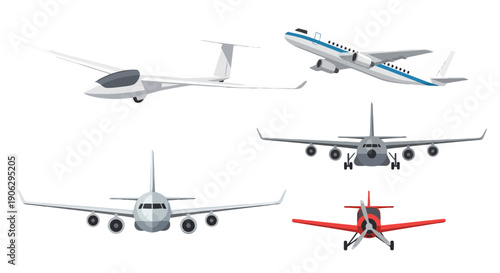 Diverse vector airplane collection commercial jets glider propeller plane depicted in various flight poses.