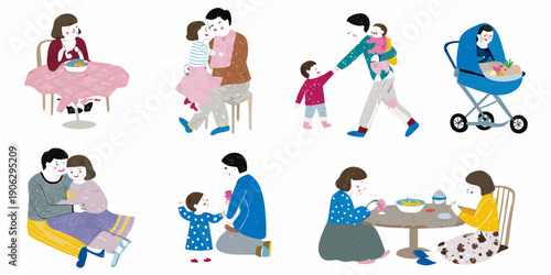 Stylized illustration of families interacting in various everyday scenarios