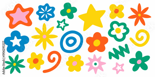 Colorful assortment of whimsical floral and star shaped stickers