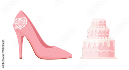 Elegant Pink High Heel Shoe and Tiered Wedding Cake Illustration with Delicate Details.