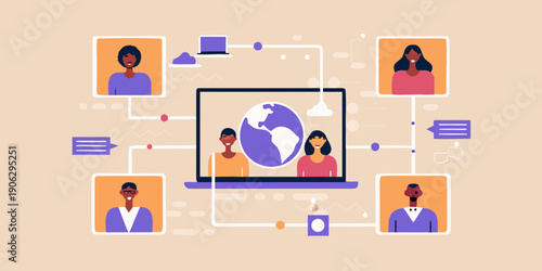 Diverse group connecting through a laptop for a virtual meeting