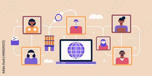 Diverse group of people connecting through a digital network and laptop