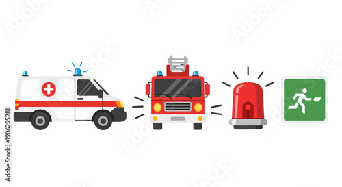 Flat vector emergency services icons ambulance fire truck red siren green exit sign safety concept.