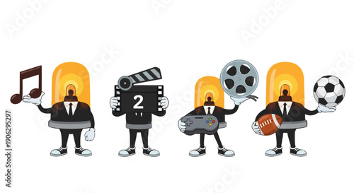 Four cartoon siren characters in suits holding diverse entertainment and sports items.