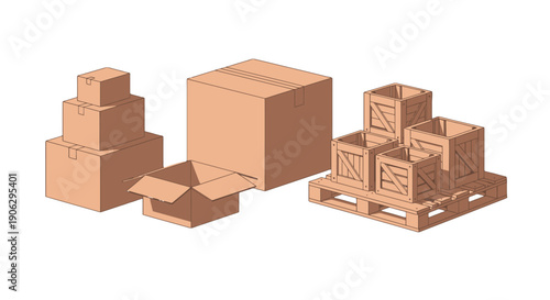 Isometric illustration of brown cardboard boxes one open stacked and wooden crates on a pallet in a clean simple line art style.