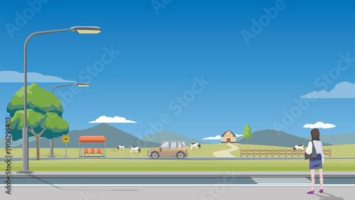Flat vector illustration of a woman standing by a roadside in a peaceful countryside. Featuring a bus stop a passing car grazing cows and distant. House on the hills. Mountains under a clear blue sky.
