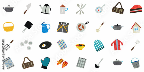 Collection of colorful kitchen utensils and household items displayed on white